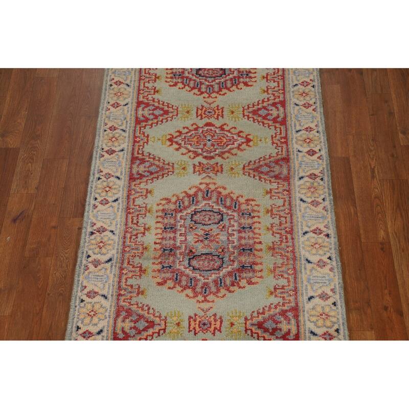 Green Geometric Viss Indian Runner Rug Hand-Knotted Wool Carpet - 2'6"x 7'11"