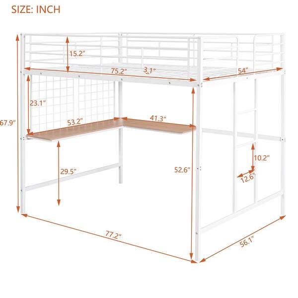 dimension image slide 1 of 2, Full Size Metal Frame Loft Bed with Built-in Wooden Desk, Metal Grid, Ladder and Guardrails