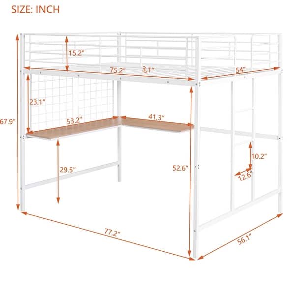 dimension image slide 1 of 2, Modern Style Full Size Metal Loft Bed Kids Bed with Studying Desk,Metal Grid,Ladder,Guardrail and Metal Slats