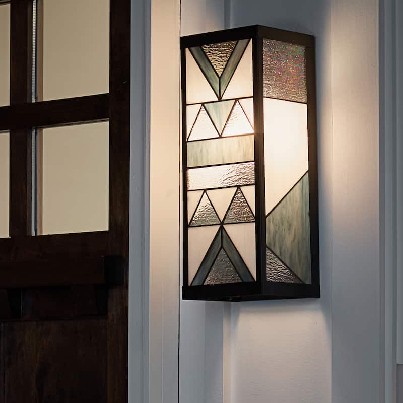 River of Goods Grey Stained Glass and Black Satin Rectangular 1-Light Outdoor Wall Sconce - 6.25" x 5.5" x 16.25"