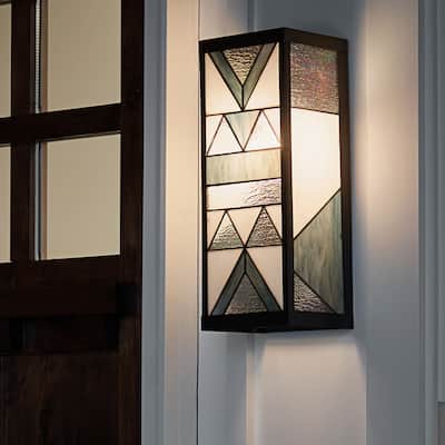 River of Goods Grey Stained Glass and Black Satin Rectangular 1-Light Outdoor Wall Sconce - 6.25" x 5.5" x 16.25"