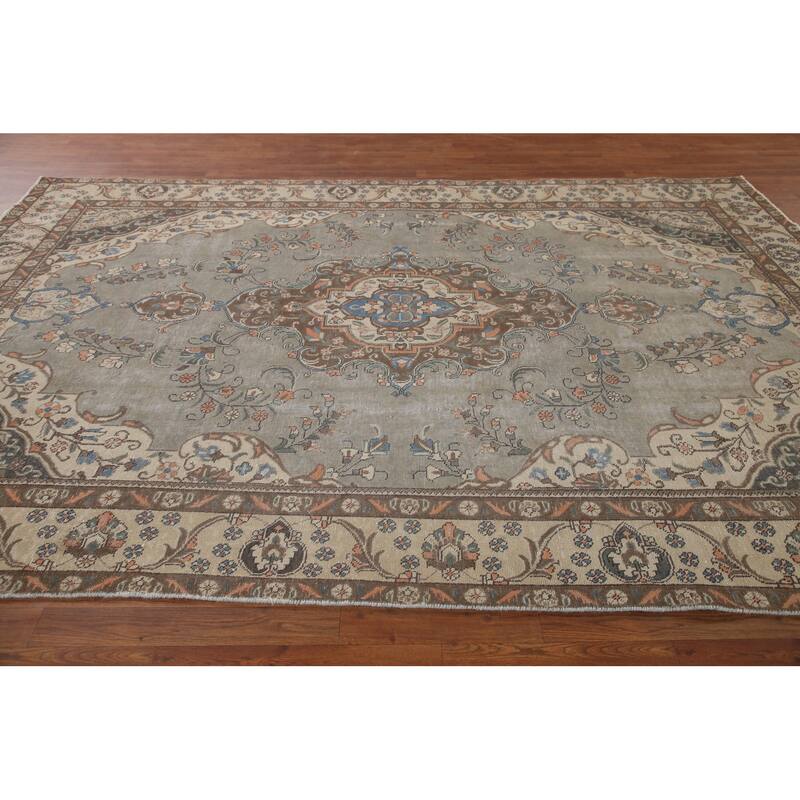 Hand Knotted Oriental 100% Wool Carpet Traditional Medallion Greys & Charcoal Tabriz Area Rug - 10' 9'' X 7' 2''