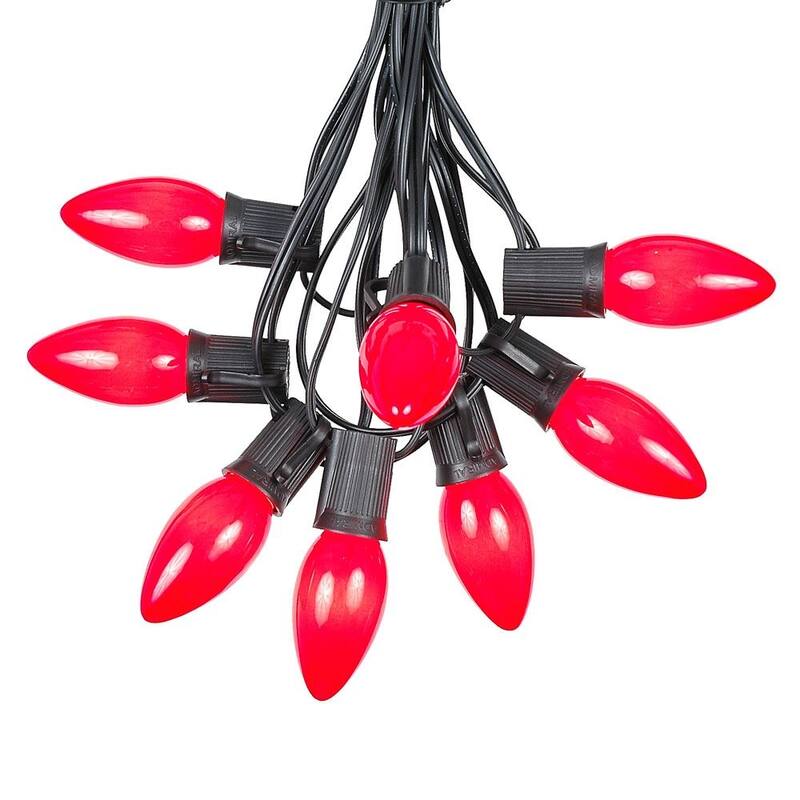 25 Foot C9 Ceramic Christmas Light Set, Hanging String Lights, Black Wire - Red