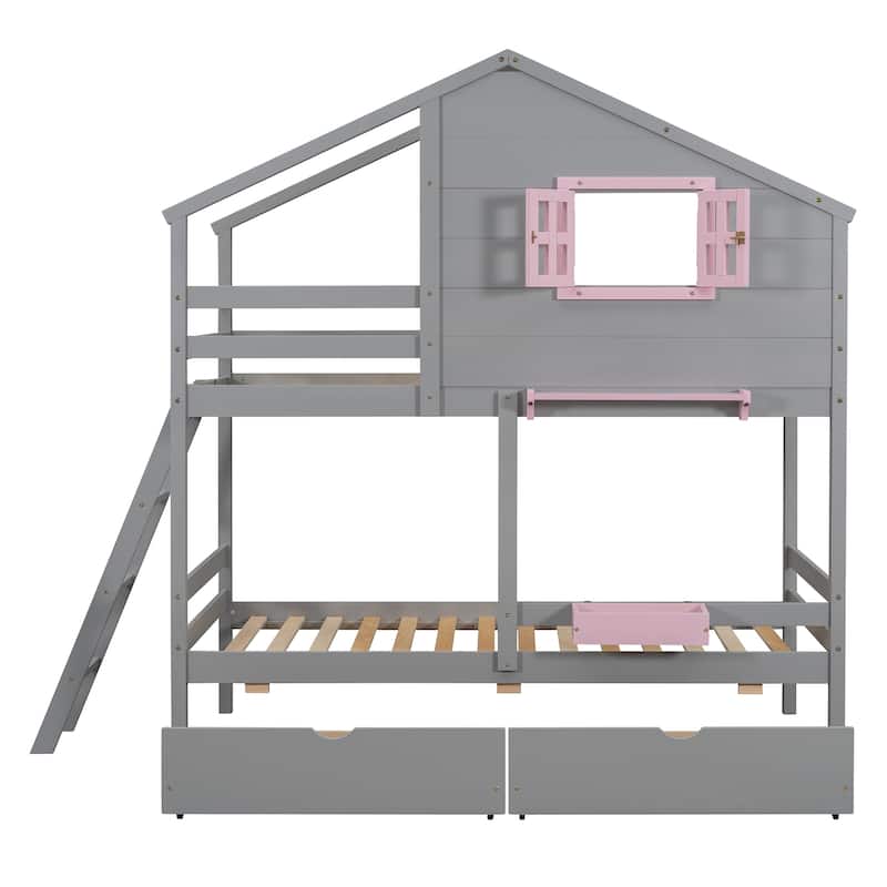 Twin Over Twin Bunk Bed with Drawers, Storage Box, Shelf, Window and Roof