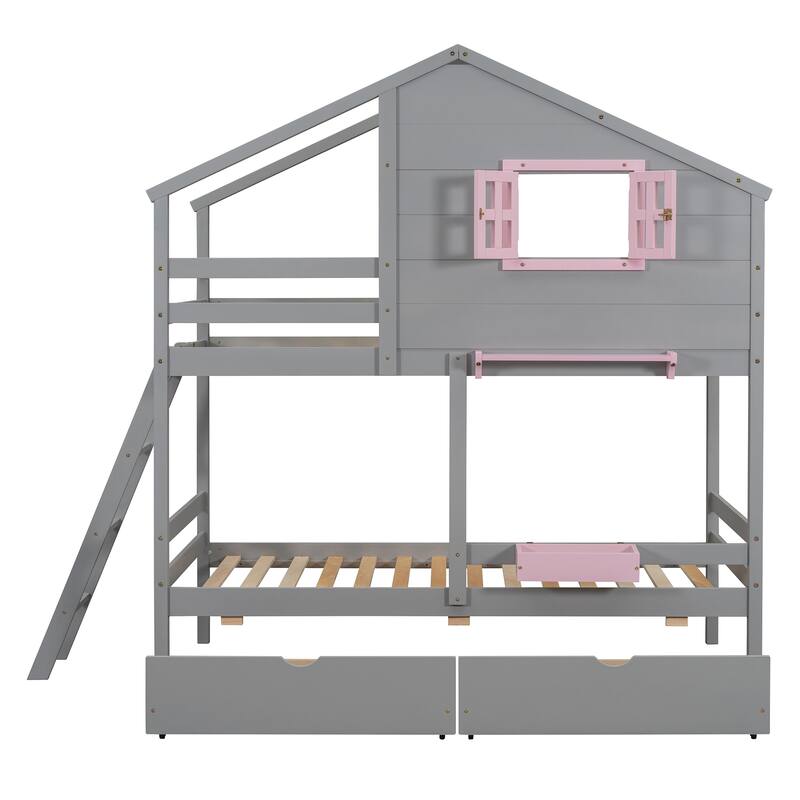 Twin over Twin Size Solid Wood Bunk Bed with 2 Drawers, 1 Storage Box, 1 Shelf, Window and Roof