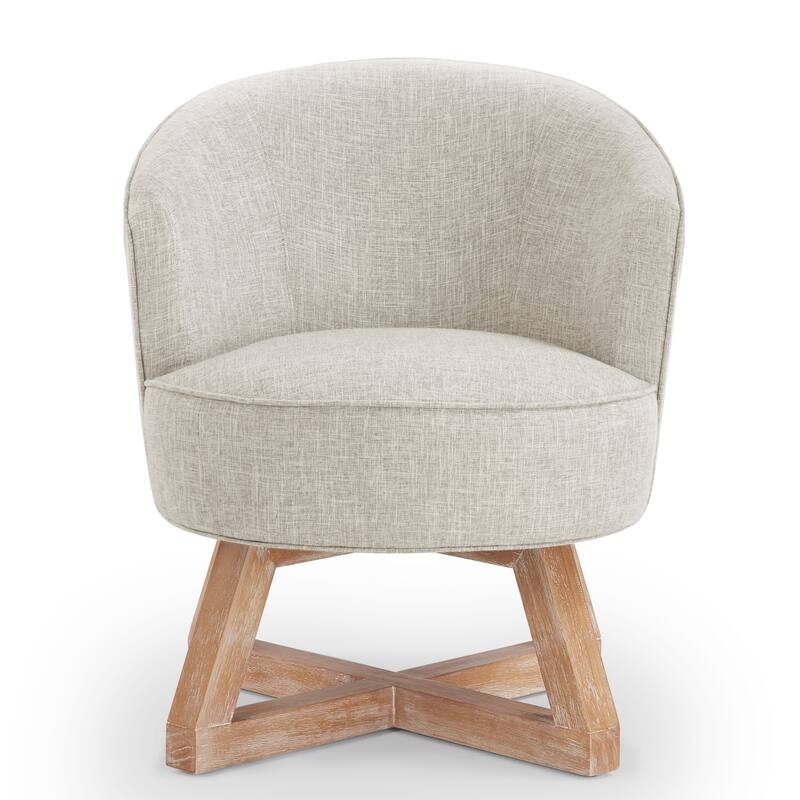 Modern 27" Linen Upholstered 360° Swivel Barrel Chair with Cross-Shaped Base and Solid Wood Legs