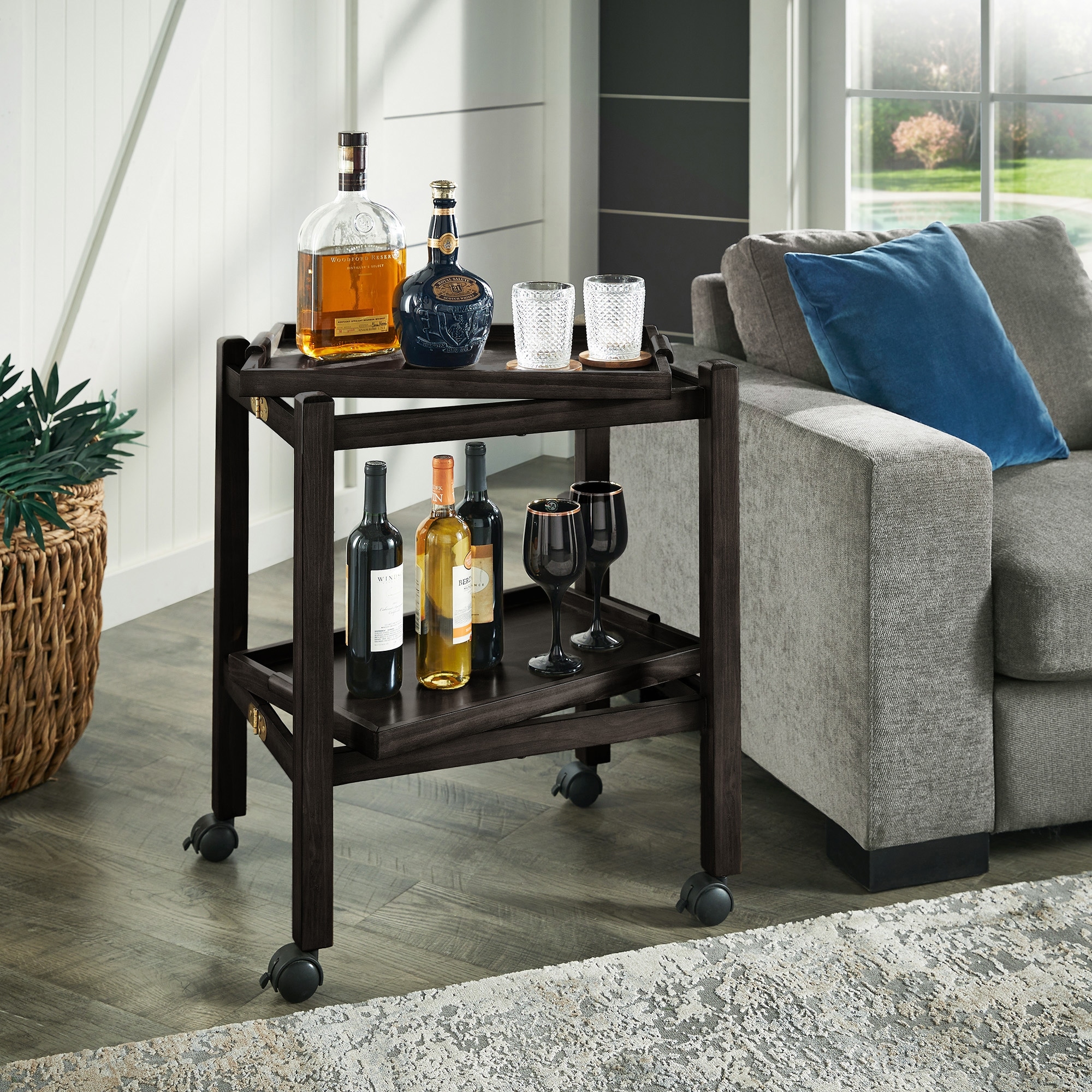 iNSPIRE Q Modern Dolores Wood Finish Folding Bar Cart with Two Detachable Trays