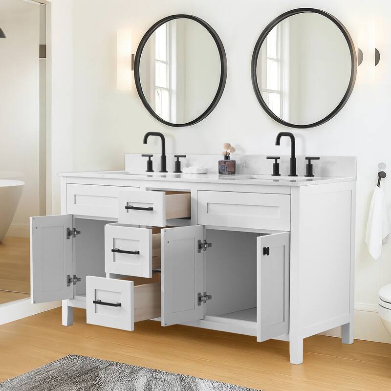 60" inch Freestanding Bathroom Vanity with Classical White Quartz Counter Top Ceramic Rectangular Sink
