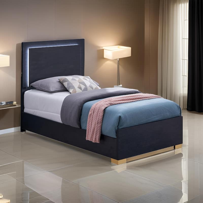 Dex Twin Size Bed with LED Framed Headboard, Black Wood Finish, Gold Legs