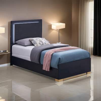 Dex Twin Size Bed with LED Framed Headboard, Black Wood Finish, Gold Legs