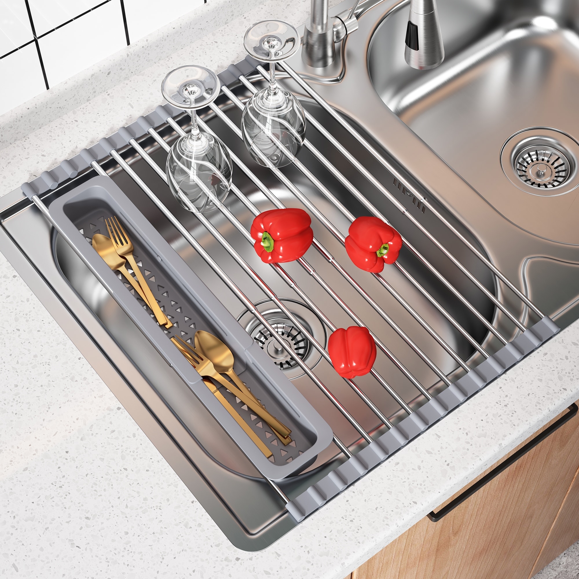 Home Basics Low Profile Plastic Dish Drying Rack with Micro Fiber Drying Mat Grey Bed Bath Beyond 28003446