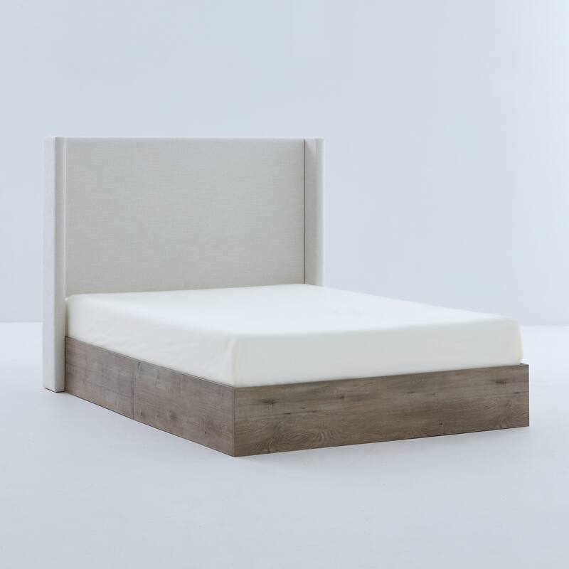 Upholstered Wingback Bed / 54" High Headboard / Wood Base / Rustic / Modern Farmhouse / Neutral / Scandinavian, Queen
