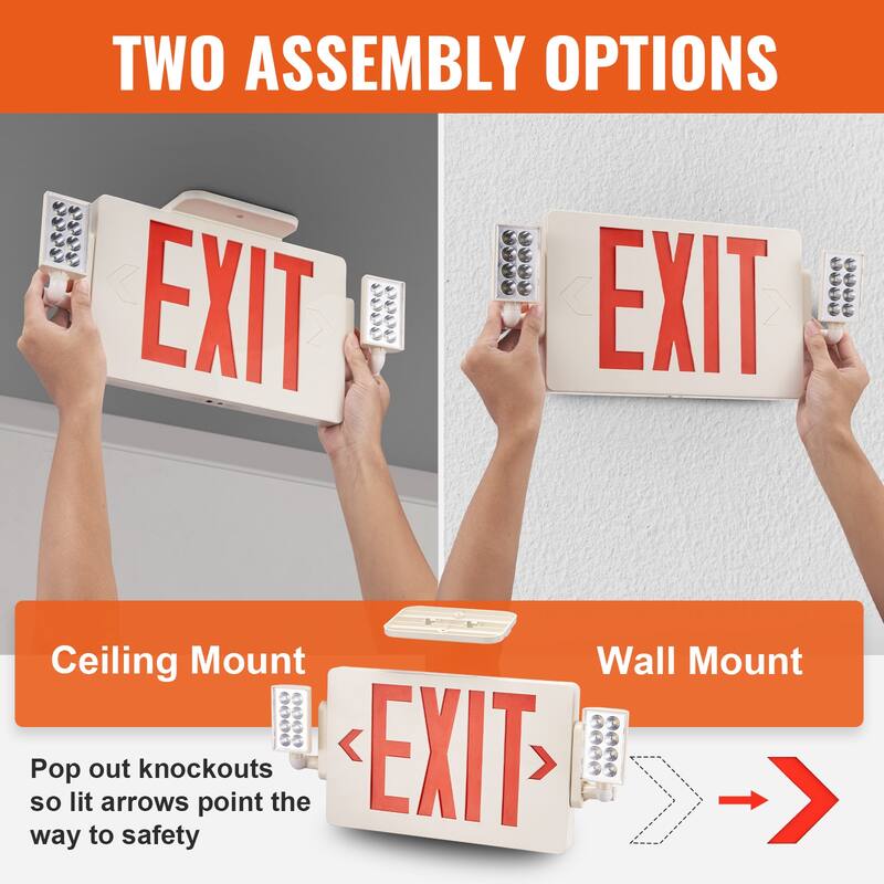 UIMOSO LED Exit Sign with Emergency Lights, Two Heads Emergency Exit Light with Battery Backup, Red Letter Fire Exit Lighting