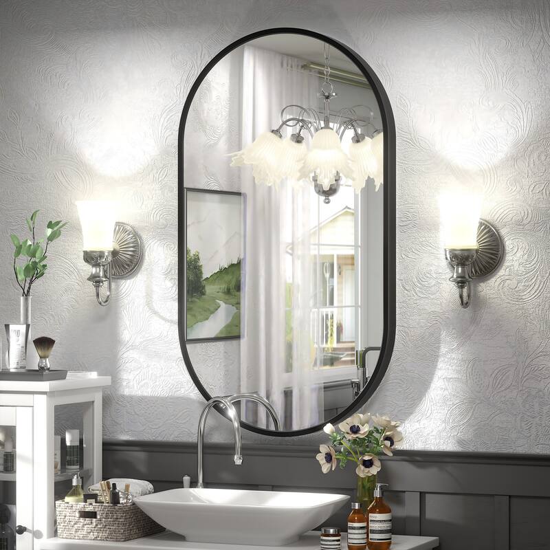 KIOTEE Oval Black Aluminum Alloy Framed French Cleat Mounted Wall Decor Bathroom Vanity Mirror with 5-Year Warranty - 20x36