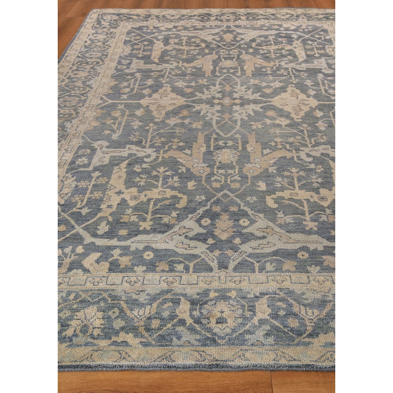 EXQUISITE RUGS Antique Weave Oushak Hand-knotted New Zealand Wool Blue Area Rug.