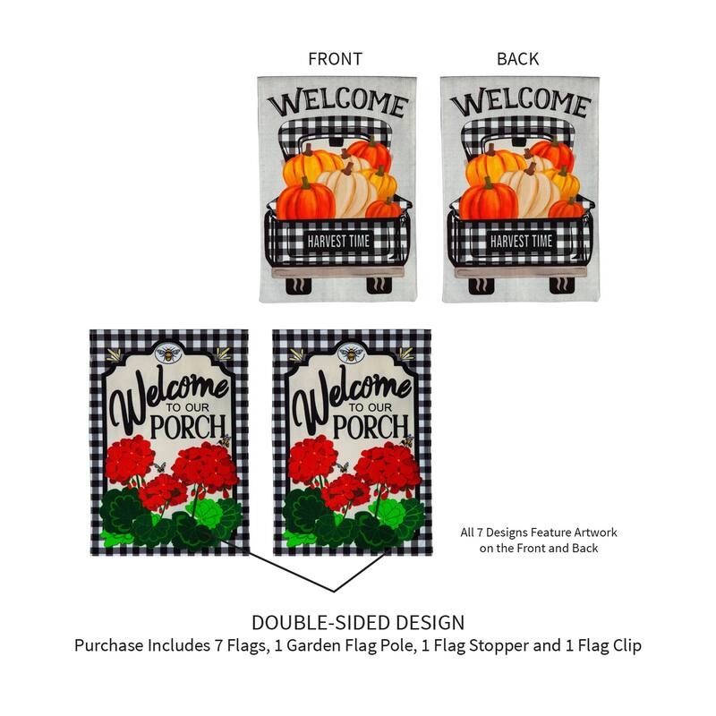 Burlap 4-Season Flags w/ Flag Stand, Set of 7, Welcome