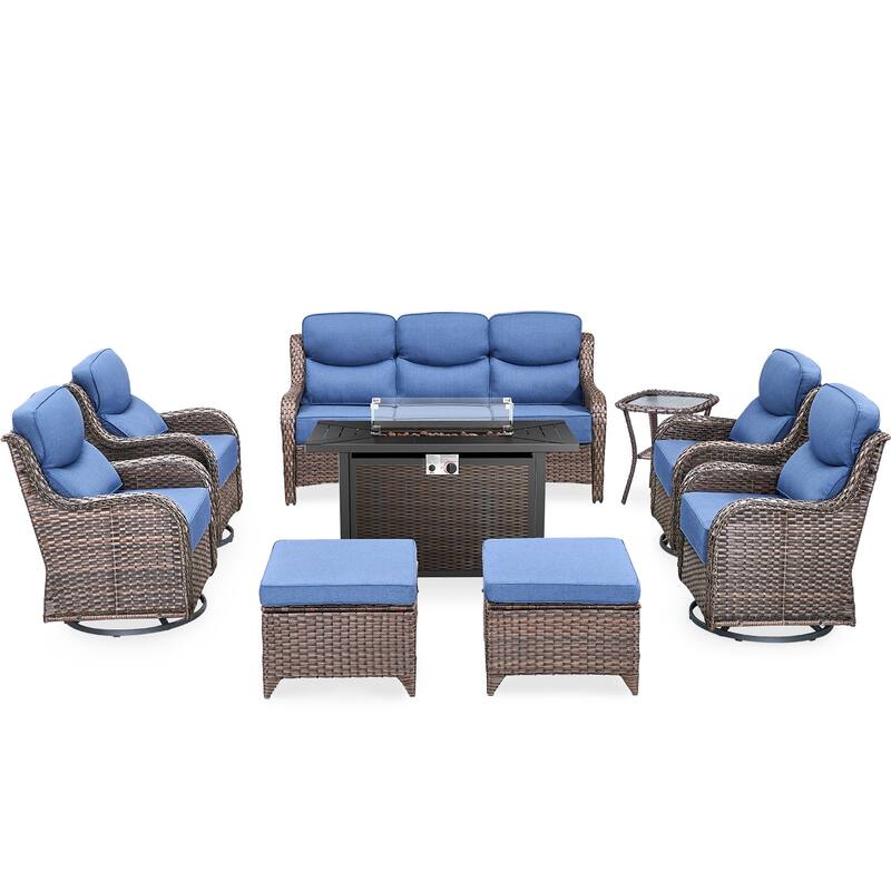 Gymojoy 9-Piece Wicker Patio Furniture Sofa Set with Fire Pit Table, 6-Inch Thick Cushion Swivel Glider Chairs & Ottomans
