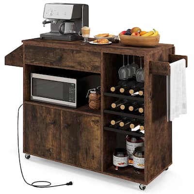 Gymax Kitchen Island Cart w/ Drop-Leaf & Power Outlet Microwave Shelf