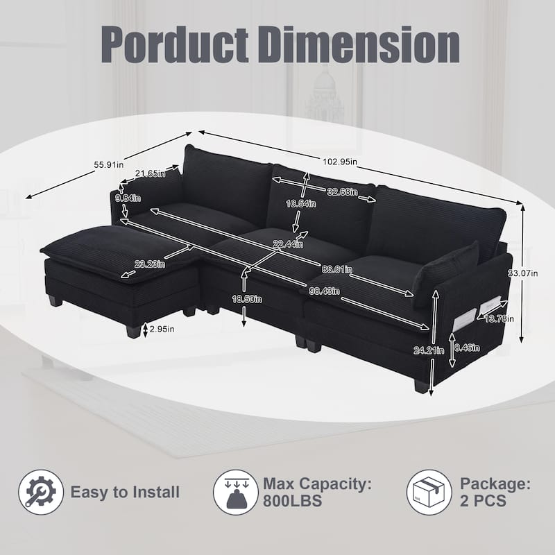 Oversized Modular Sectional Sofa with Ottoman, 102 Inch 4 Seat Corduroy L Shaped Couch for Living Room