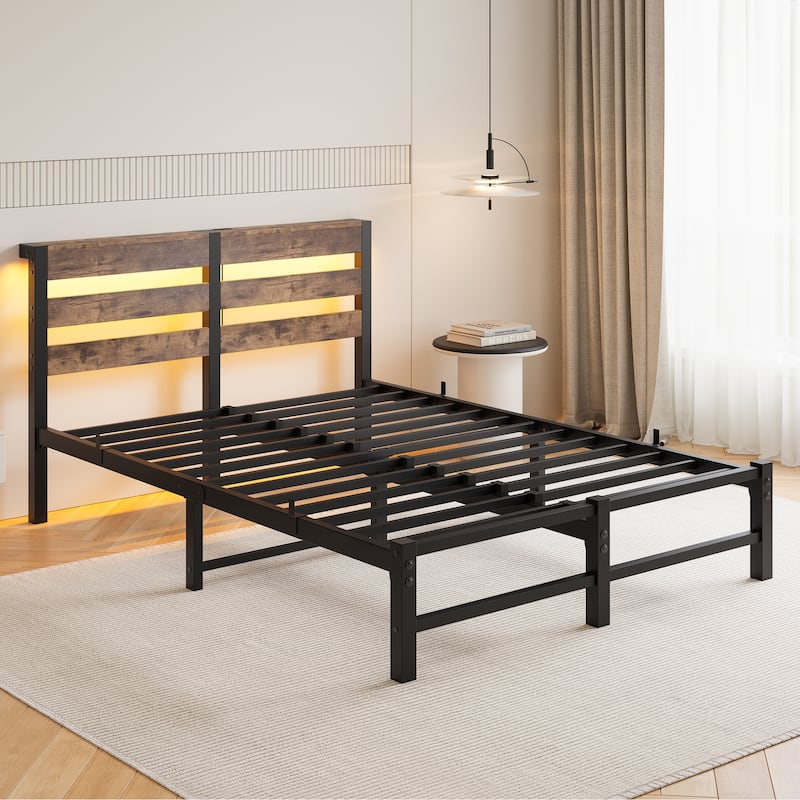 Beige+Brown Full Size Modern Metal Bed with Wooden Headboard, RGB Lights