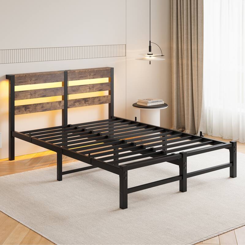 Modern Metal Bed with Wooden Headboard, RGB Lights & Storage Shelf