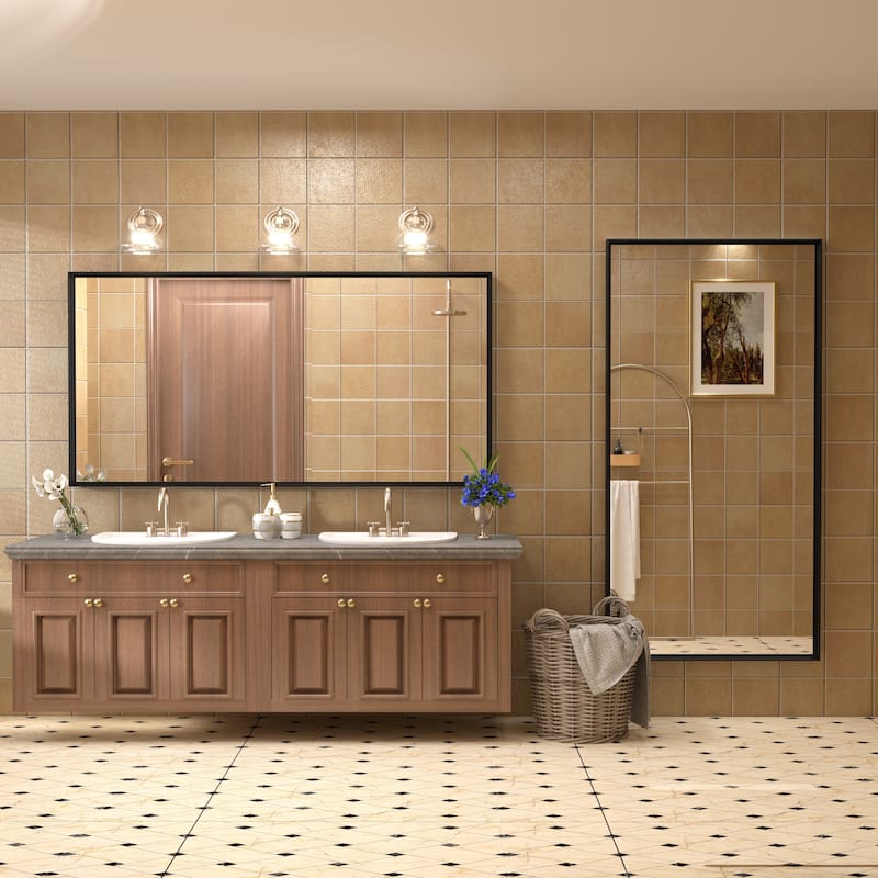 Full Size Metal Frame Wall Mirror Black Tempered Glass for Bathroom