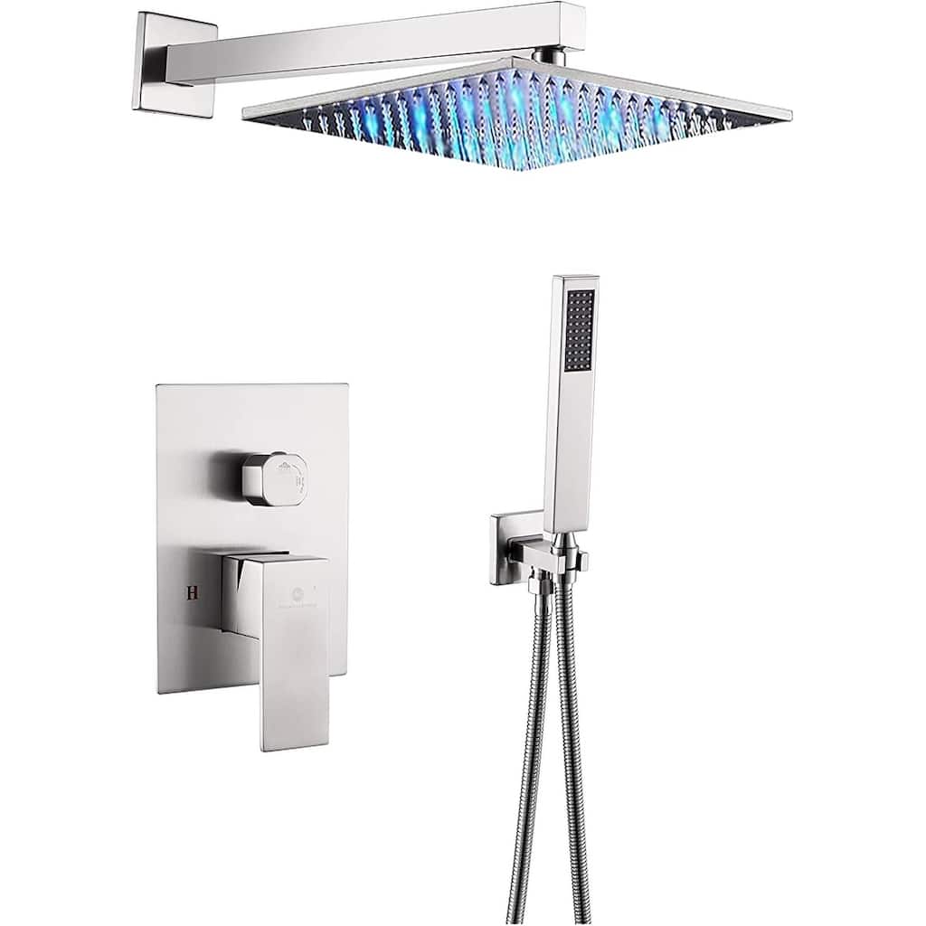 brushed nickel wall mount 12 inch 3 LED light rain head 2 way shower faucet with handle sprayer - 7'6" x 10'9"