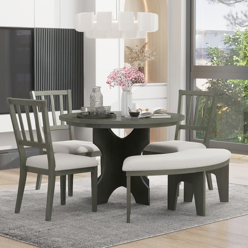 5-Piece Kitchen Dining Table Set, Round Dining Table with 3 Upholstered Chairs and Curved Bench for 4-5 People