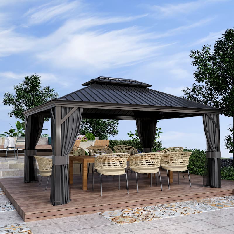 12x16ft Outdoor Double-Roof Aluminum Gazebo with Curtains and Mosquito Netting