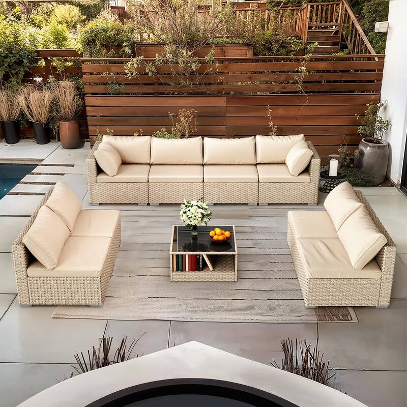 9-Piece Patio Furniture Set, All-Weather Boho Outdoor Conversation Set Sectional Sofa with Water Resistant Grey Thick Cushions - Beige