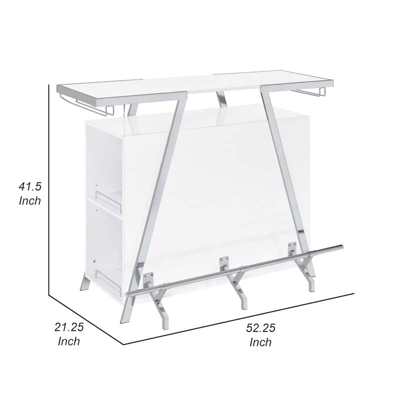 Leo 52 Inch Wine Bar Cabinet with Storage, Shelves, White, Chrome Steel