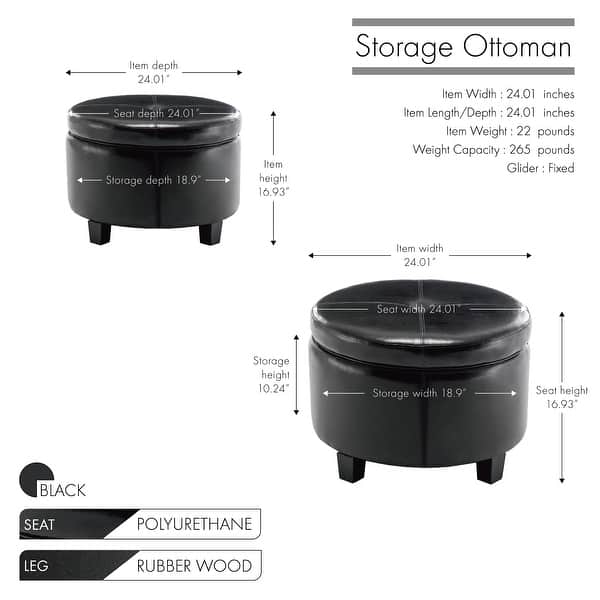 dimension image slide 1 of 3, Porthos Home Donn Faux Leather Round Storage Ottoman with Rubberwood Legs