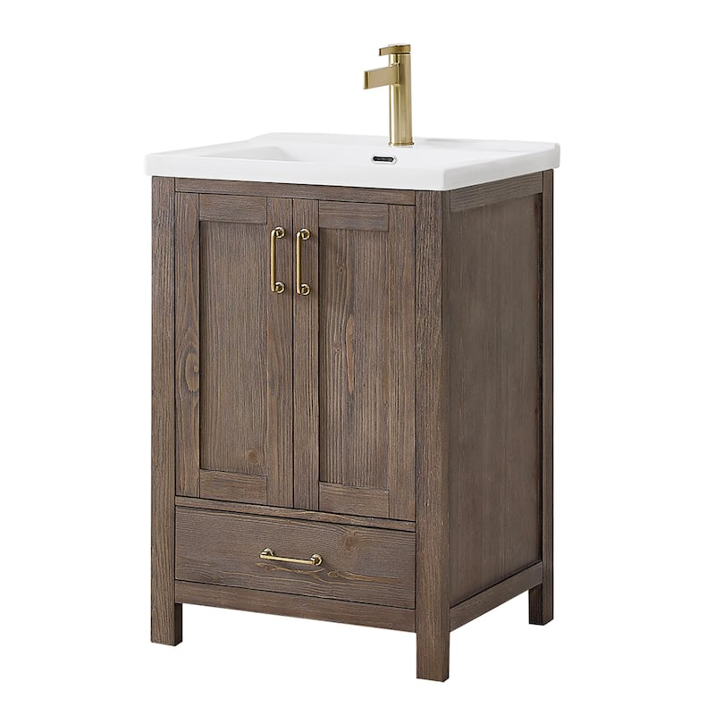 Gela Single Bath Vanity with Ceramic Basin Top without Mirror - 24in. - Spruce Vintage Brown
