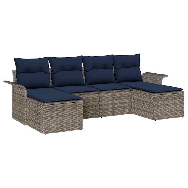 vidaXL 6 Garden Sofa Set with Cushions Black/Brown/Grey Poly Rattan - 98.8 x 46.1 x 27.2