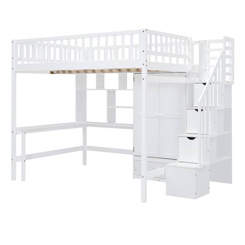 Wooden Full size Loft Bed with Bookshelf,Drawers,Desk,and Wardrobe