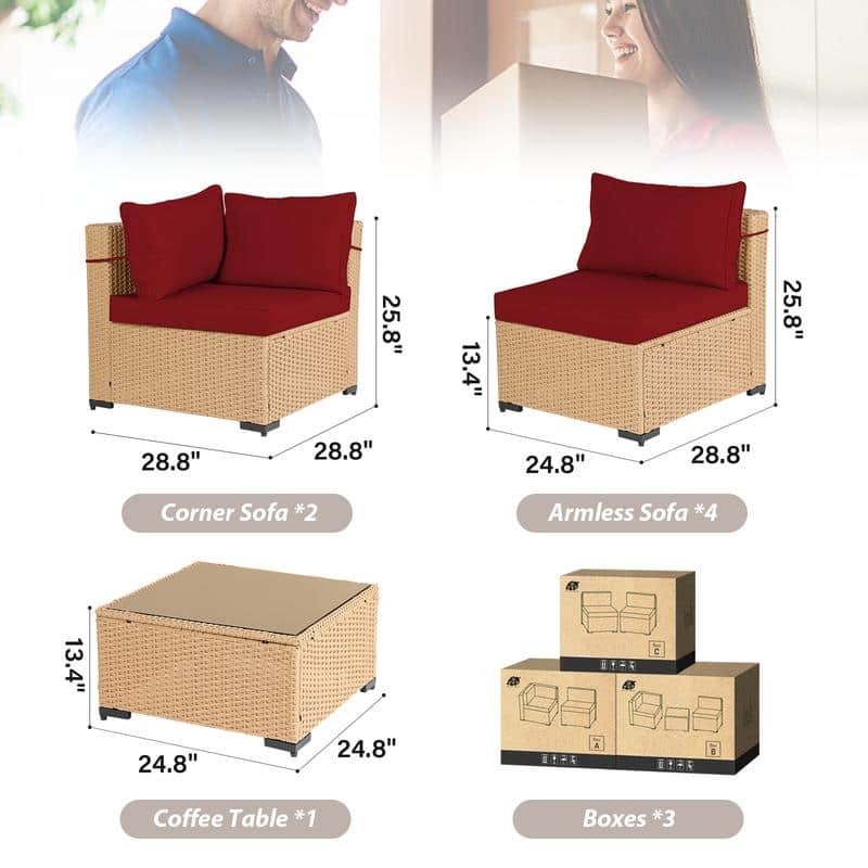 Patio Watcher 7-Piece Patio Yellow Wicker Sectional Seating Group with Cusions and Side Table