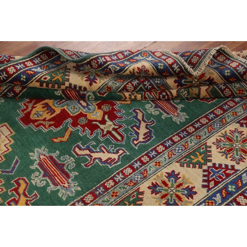 Green Geometric Kazak Oriental Area Rug Handmade Bedroom Wool Carpet - 5'0" x 6'7"