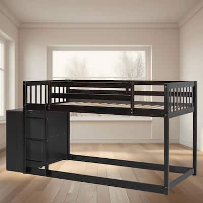 Twin Over Twin Size Bunk Platform Bed Frame with 4 Storage Drawers and 3 Shelves, Solid Wood, Space-Saving Design for Bedroom