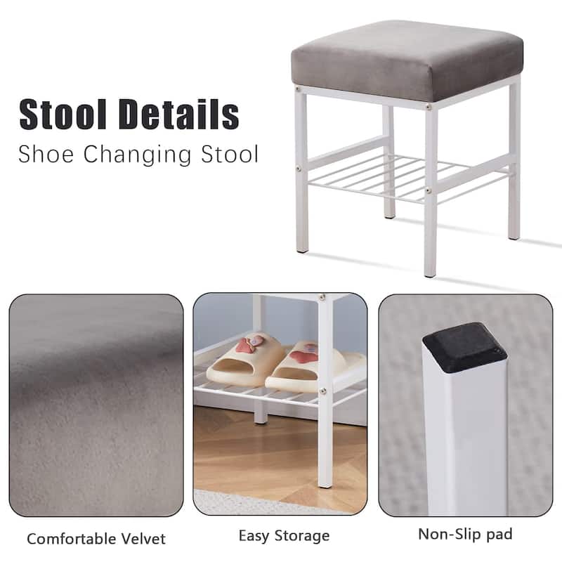 Grey Velvet Square Ottoman Footstool with White Metal Legs for Entryway Bedroom or Dressing Room