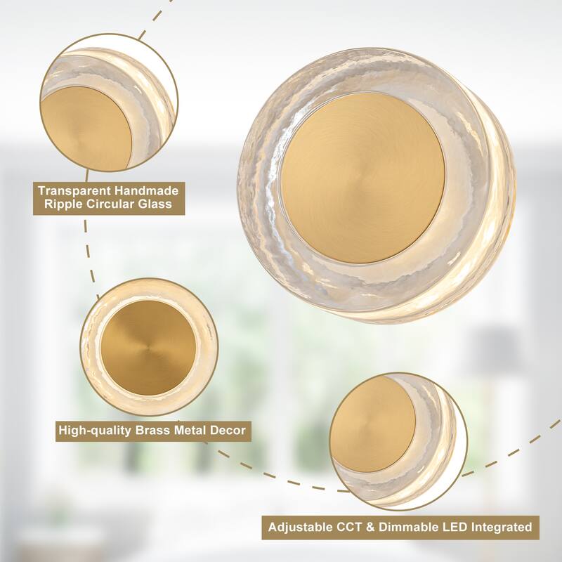 Round LED Wall Sconce Clear Textured Handblown Glass Shade Dimmable