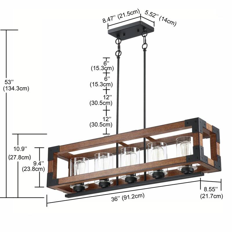 5 Light Lantern Rectangle Chandelier - 36"x8.55"x53"