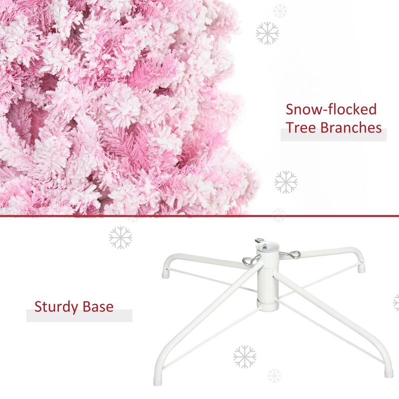 Pink Snow Flocked Pencil Christmas Tree Indoor Slim Space Saving Artificial Tree with Hinged Branches and Steel Base