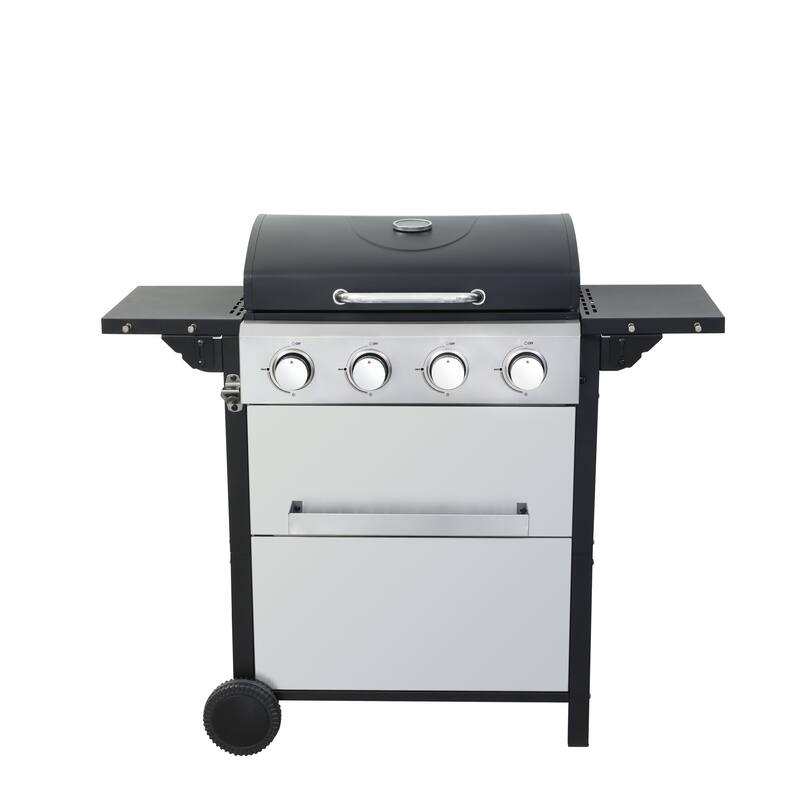 4-Burner Propane Gas BBQ Grill with Wire Enamel Cooking Grids and Foldable Side Table, Hanging Basket, Stainless Steel