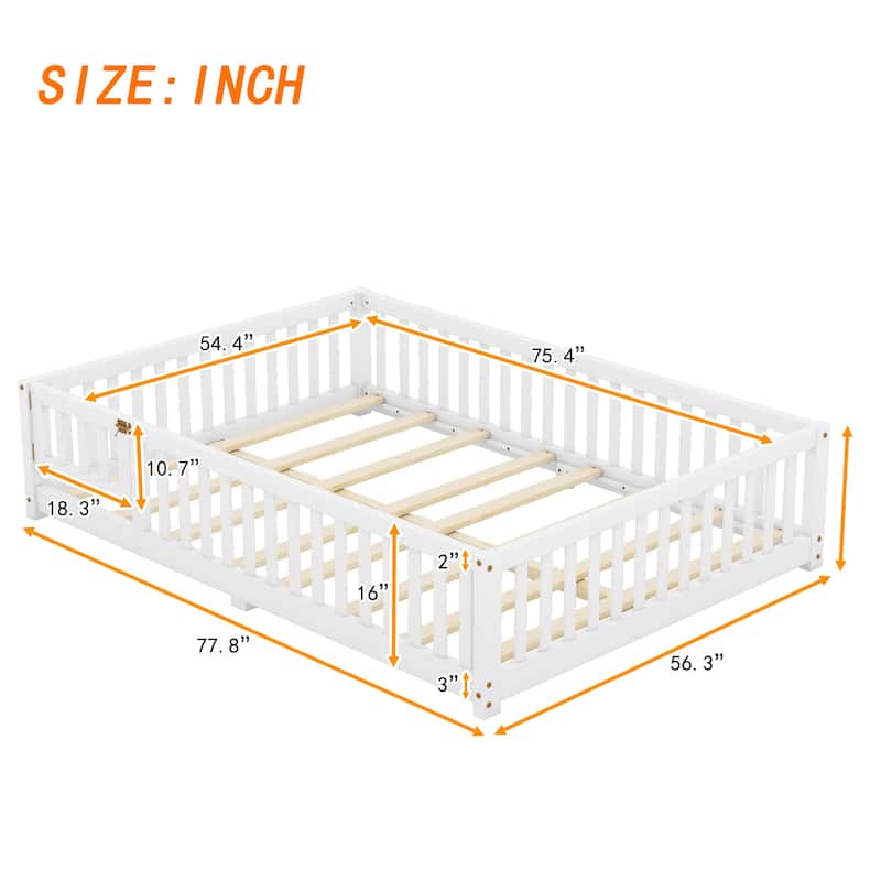Wooden Floor Bed Frame with Safety Fence and Door, Removed Slat Design