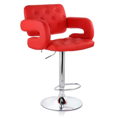 Tufted Bar Stool in Red with Chrome Base and Adjustable Height