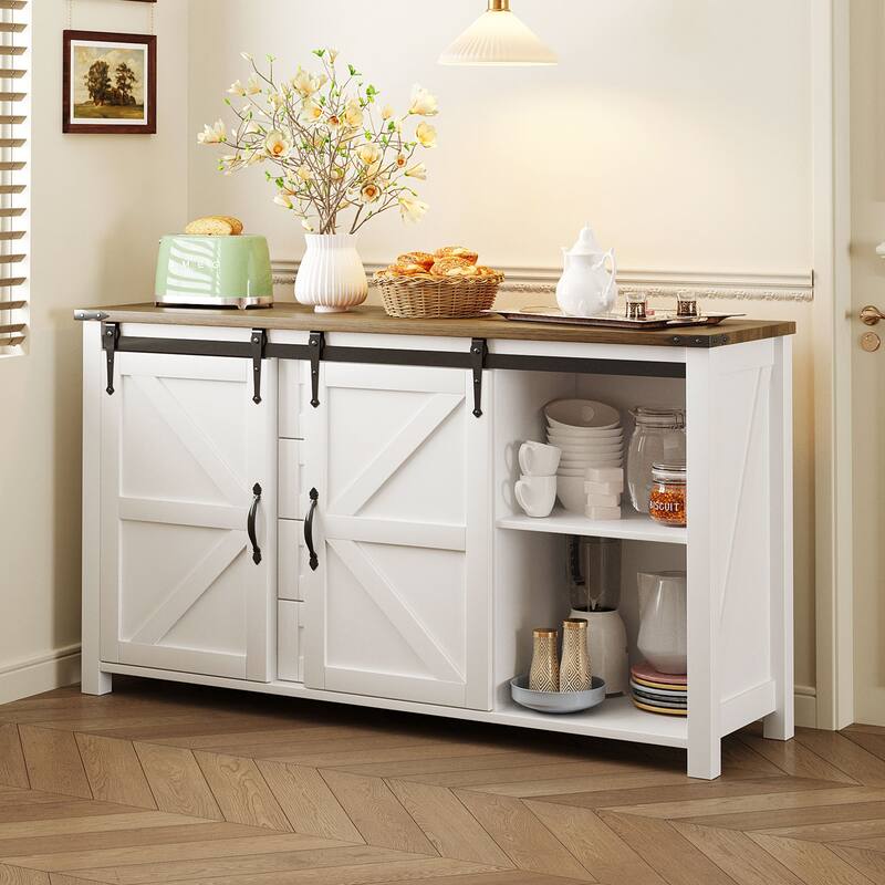 Wood Buffet Sideboard with Charging Station, Farmhouse Coffee Bar Cabinet with Sliding Barn Doors and 4 Drawers - White