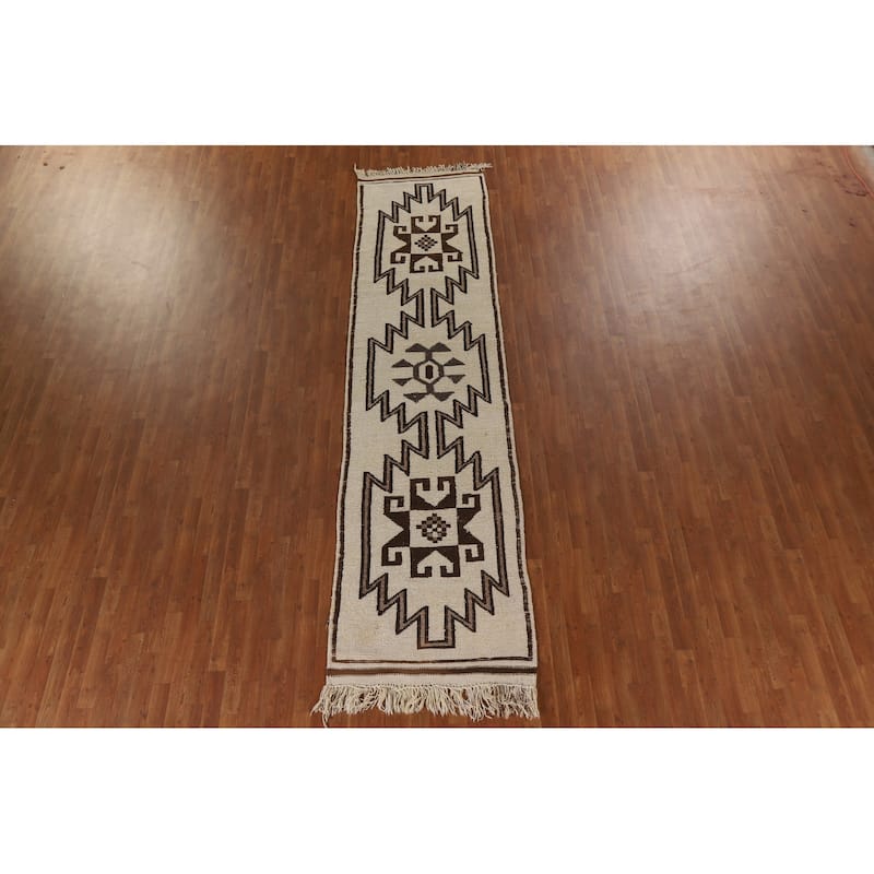Natural Dye Tribal Kurdish Turkish Runner Rug Handmade Wool Carpet - 3'2"x 12'8"