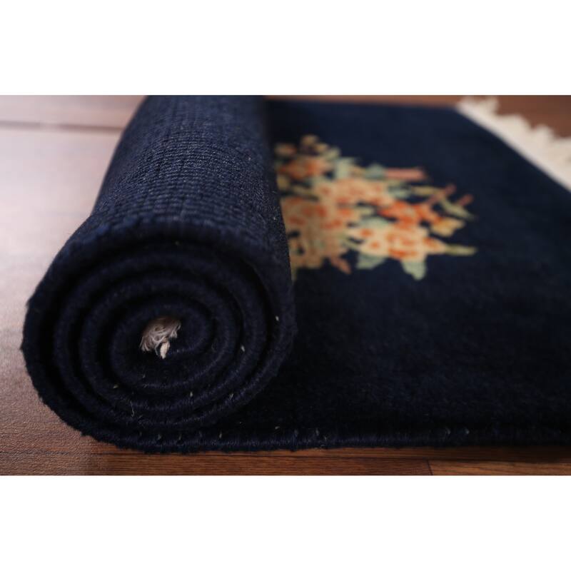 Navy Blue Floral Art Deco Chinese Accent Rug Hand-Knotted Wool Carpet - 2'0"x 3'11"