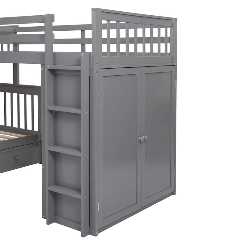 Merax Twin-Twin over Full L-Shaped Bunk Bed With 3 Drawers, Portable Desk and Wardrobe