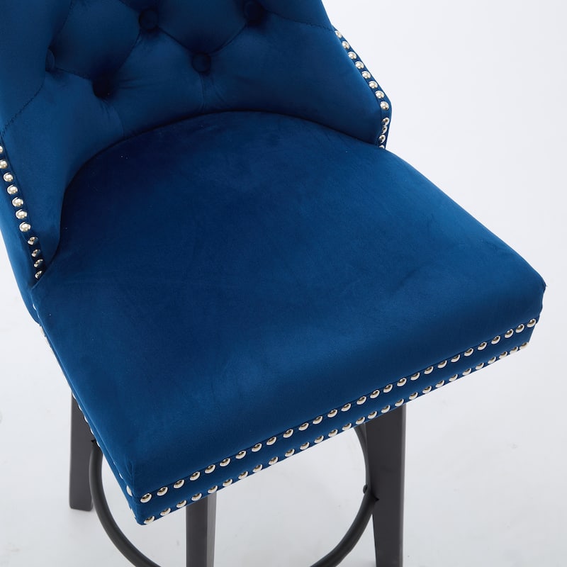 Velvet Swivel Bar Stools Set of 2, Button Tufted Bar Stools with Rivet Trim, Kitchen Stools with Metal Pull Ring & Footrest